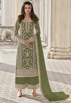 Embroidered Net Pakistani Suit in Green