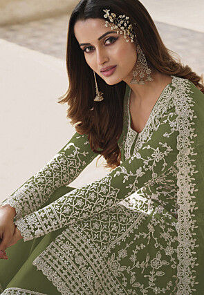Embroidered Net Pakistani Suit in Green