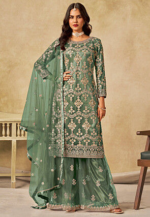 Embroidered Net Pakistani Suit in Green