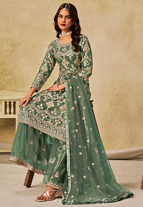 Embroidered Net Pakistani Suit in Green
