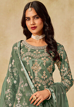 Embroidered Net Pakistani Suit in Green