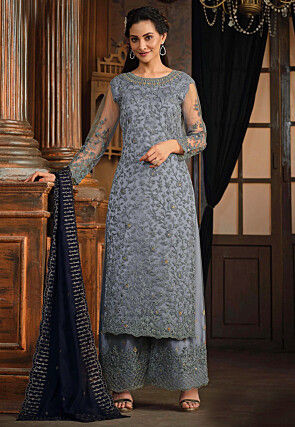 Embroidered Net Pakistani Suit in Grey
