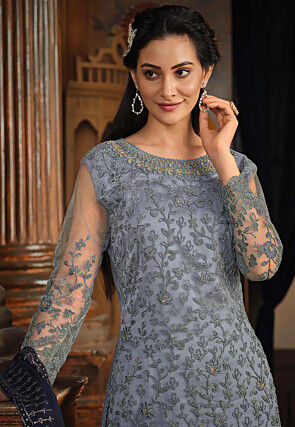 Embroidered Net Pakistani Suit in Grey