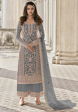 Embroidered Net Pakistani Suit in Grey