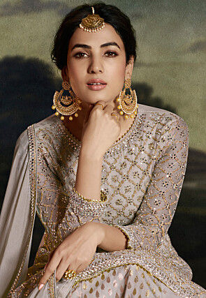 Embroidered Net Pakistani Suit in Grey