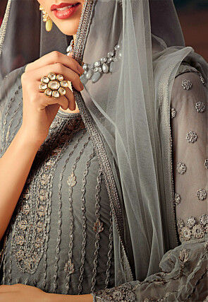Embroidered Net Pakistani Suit in Grey