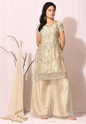 Embroidered Net Pakistani Suit in Light Beige