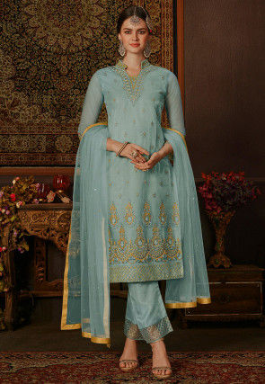 Embroidered Net Pakistani Suit in Light Blue