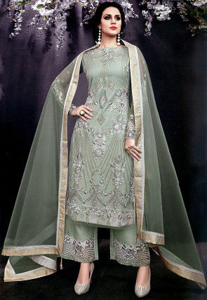 Embroidered Net Pakistani Suit in Light Grey