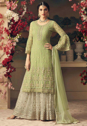 Embroidered Net Pakistani Suit in Light Olive Green