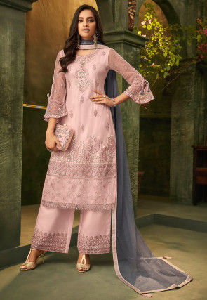 Embroidered Net Pakistani Suit in Light Pink