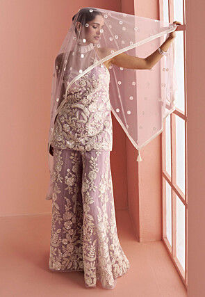 Embroidered Net Pakistani Suit in Light Purple