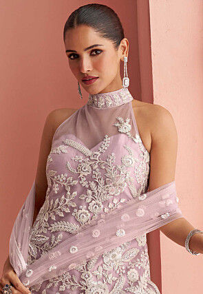 Embroidered Net Pakistani Suit in Light Purple