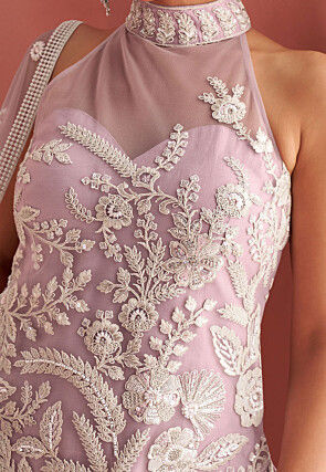 Embroidered Net Pakistani Suit in Light Purple