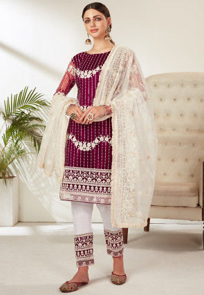 Embroidered Net Pakistani Suit in Magenta