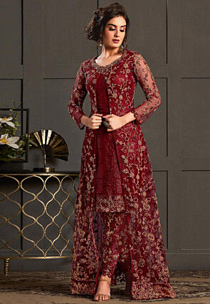 Embroidered Net Pakistani Suit in Maroon