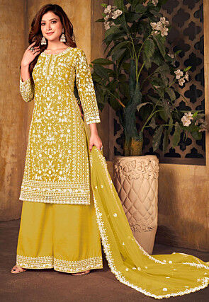 Embroidered Net Pakistani Suit in Mustard 