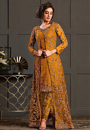 Embroidered Net Pakistani Suit in Mustard