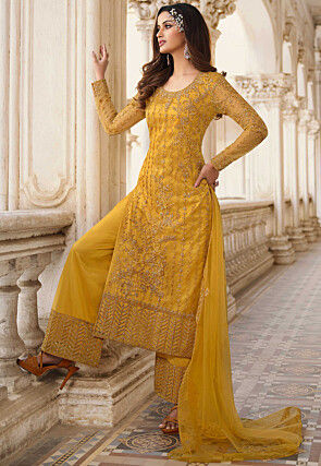 Embroidered Net Pakistani Suit in Mustard