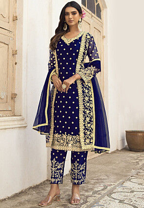 Embroidered Net Pakistani Suit in Navy Blue