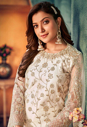 Embroidered Net Pakistani Suit in Off White