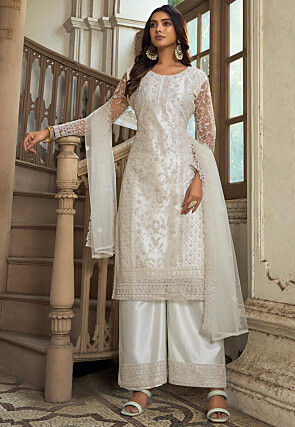 Embroidered Net Pakistani Suit in Off White