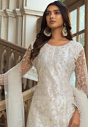 Embroidered Net Pakistani Suit in Off White