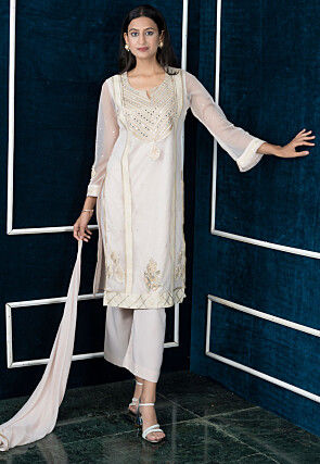 Embroidered Net Pakistani Suit in Off White