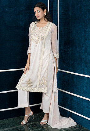 Embroidered Net Pakistani Suit in Off White