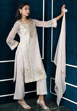 Embroidered Net Pakistani Suit in Off White
