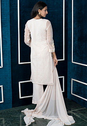 Embroidered Net Pakistani Suit in Off White