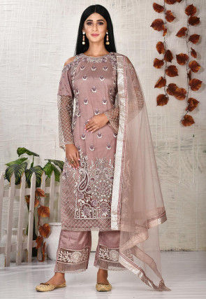 Embroidered Net Pakistani Suit in Old Rose