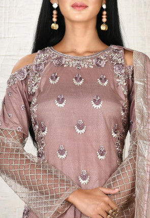 Embroidered Net Pakistani Suit in Old Rose