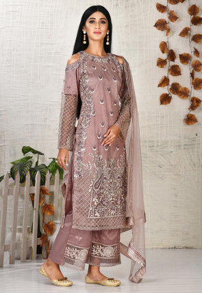 Embroidered Net Pakistani Suit in Old Rose
