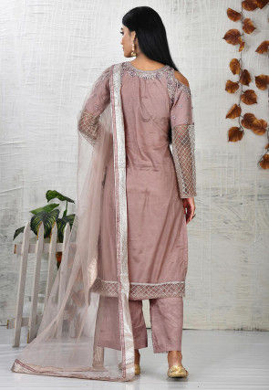 Embroidered Net Pakistani Suit in Old Rose