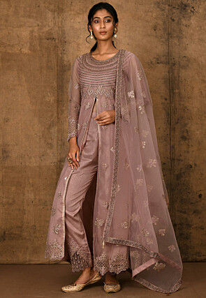 Embroidered Net Pakistani Suit in Old Rose