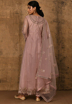 Embroidered Net Pakistani Suit in Old Rose