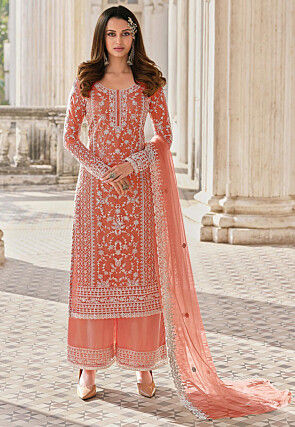 Embroidered Net Pakistani Suit in Orange