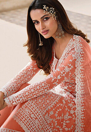 Embroidered Net Pakistani Suit in Orange