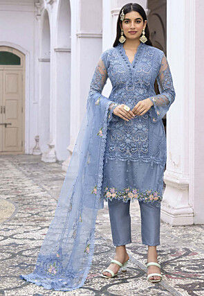 Embroidered Net Pakistani Suit in Pastel Blue