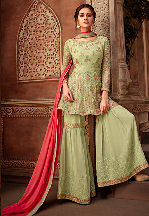 Embroidered Net Pakistani Suit in Pastel Green