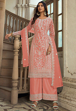 Embroidered Net Pakistani Suit in Peach