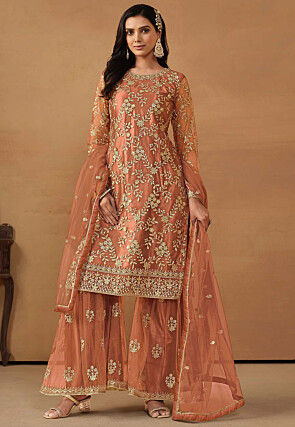 Embroidered Net Pakistani Suit in Peach