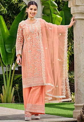 Embroidered Net Pakistani Suit in Peach
