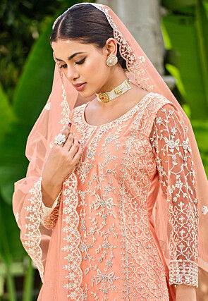 Embroidered Net Pakistani Suit in Peach