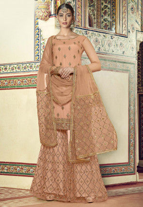 Embroidered Net Pakistani Suit in Peach