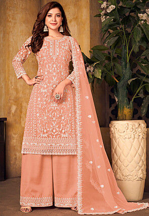 Embroidered Net Pakistani Suit in Peach