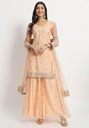 Embroidered Net Pakistani Suit in Peach