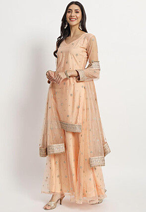 Embroidered Net Pakistani Suit in Peach
