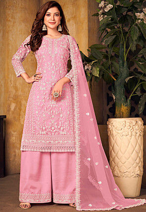 Embroidered Net Pakistani Suit in Pink